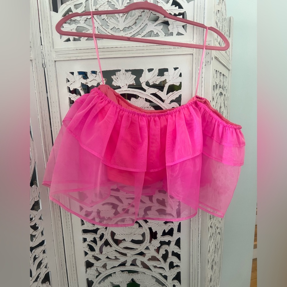 Off the Shoulder-Pink Sheer Layered Crop Top